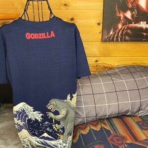 Godzilla Japanese Wave T Shirt Navy Blue XL Kaiju Movie Monster